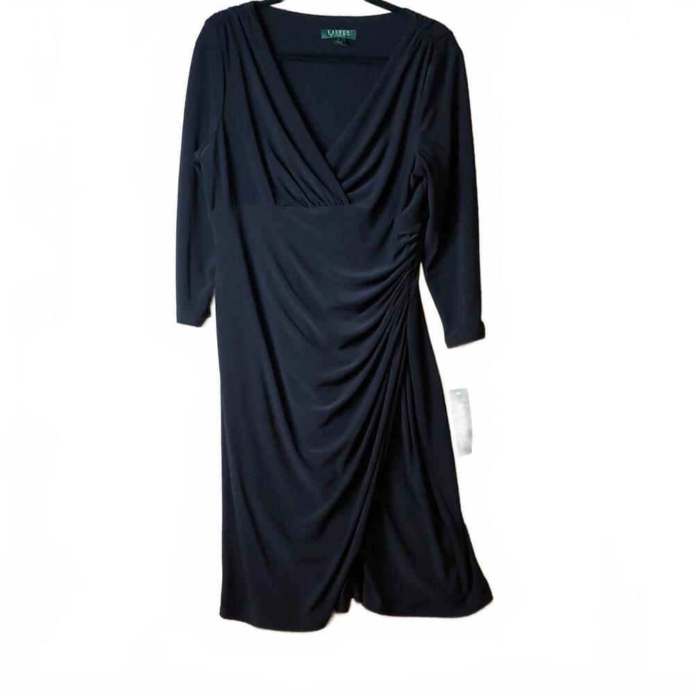 Lauren Ralph Lauren Ruched Jersey Sheath Dress Black Size 14 Long Sleeve